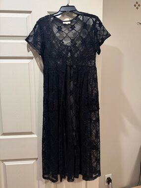 Black Crochet Short-Sleeve Swim Coverup Tunic